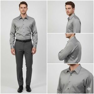 Men's Gray Button‎ Up Dress Shirt – Size L (17–35) – Long Sleeve